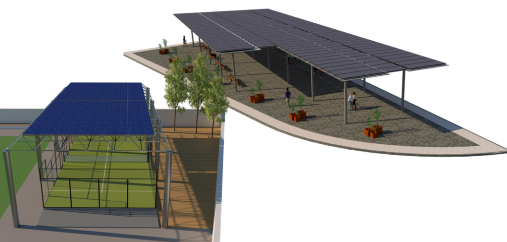 La imagen muestra en formato renderizado 3D dos de las instalaciones fotovoltaicas con acumulación proyectadas por nuestro equipo: a la izquierda, la instalación de 125 kWp y 250 kWh ubicada sobre la marquesina del futuro mercadillo municipal de Campillo de Arenas, diseñada para proporcionar 600 m² de sombra útil; a la derecha, la instalación fotovoltaica de Navas de San Juan situada sobre la cubierta de la pista de pádel municipal. Ambas soluciones combinan eficiencia energética con aprovechamiento funcional del espacio urbano, y están optimizadas para su justificación ante el IDAE.